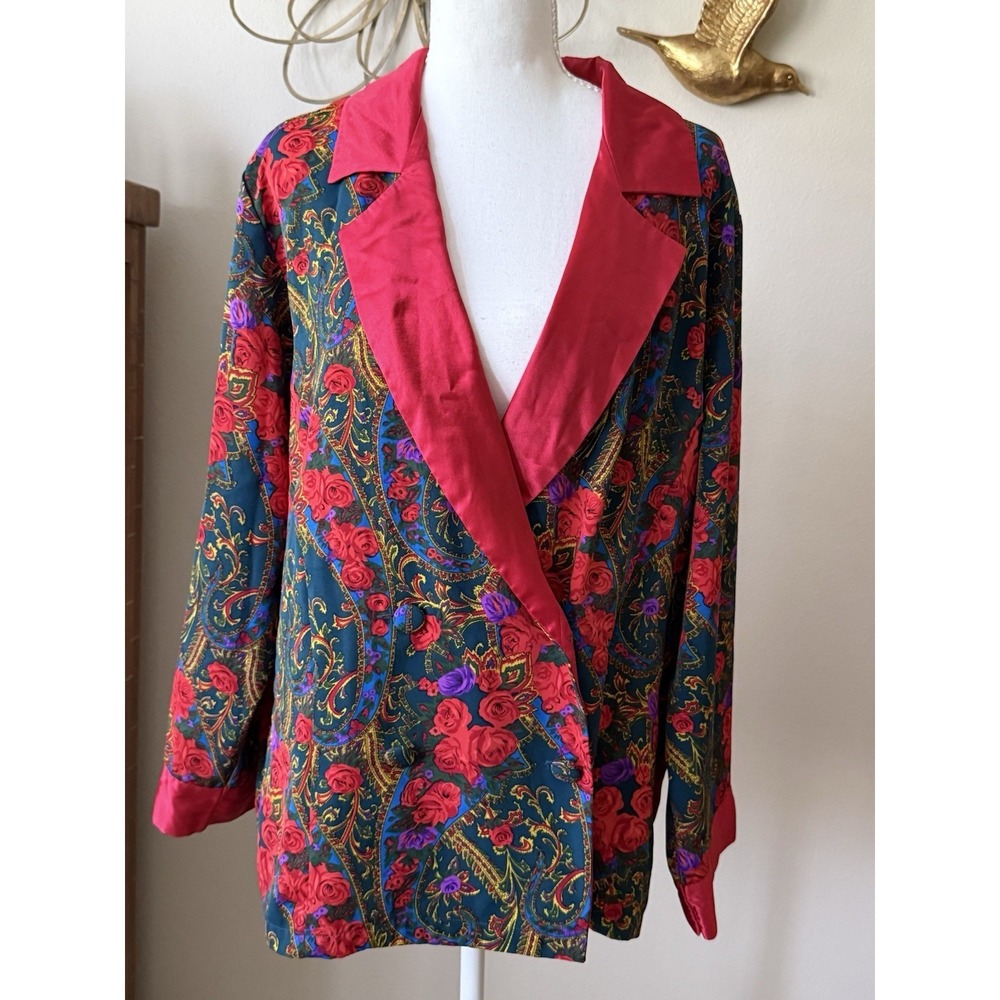 Vintage Victoria's Secret Gold Label Floral Paisley Satin Smoking Jacket M 90s